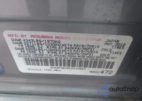 2012 Mitsubishi Outlander Sport Es from USA, damaged, VIN JA4AP3AU8CZ010837
